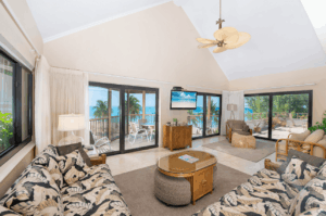 The living area of a Grand Cayman rental next to some of the best restaurants on Seven Mile Beach.